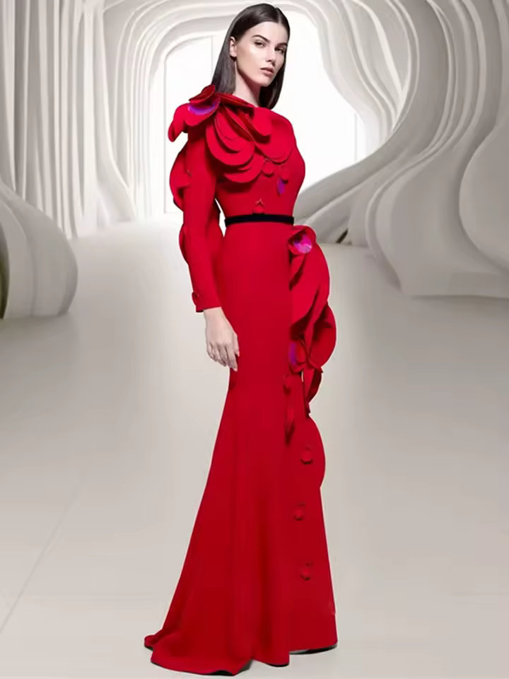 Elegant Pullover Long Sleeve Petal Appliques Formal Maxi Dress