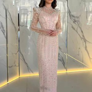 Luxurious Beaded Long-Sleeved A-line Floor-Length Party Prom Maxi Dress