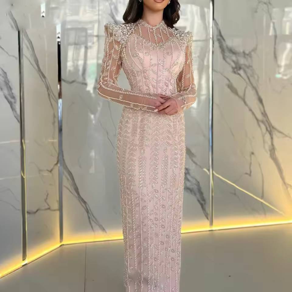 Luxurious Beaded Long-Sleeved A-line Floor-Length Party Prom Maxi Dress