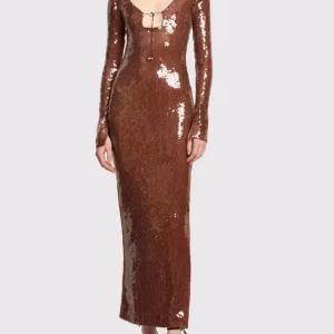 Luxury Brown Sequin Long Sleeve U Neck Long Maxi Dress