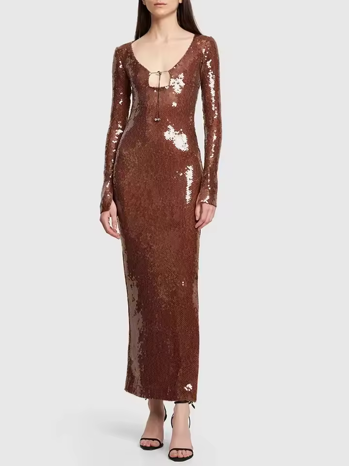 Luxury Brown Sequin Long Sleeve U Neck Long Maxi Dress
