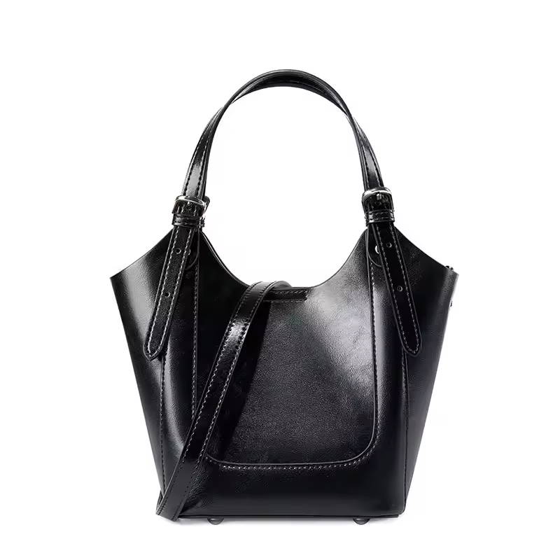 Luxury Cowhide Genuine Leather Bucket Tote Shoulder Small Handbags - Image 4