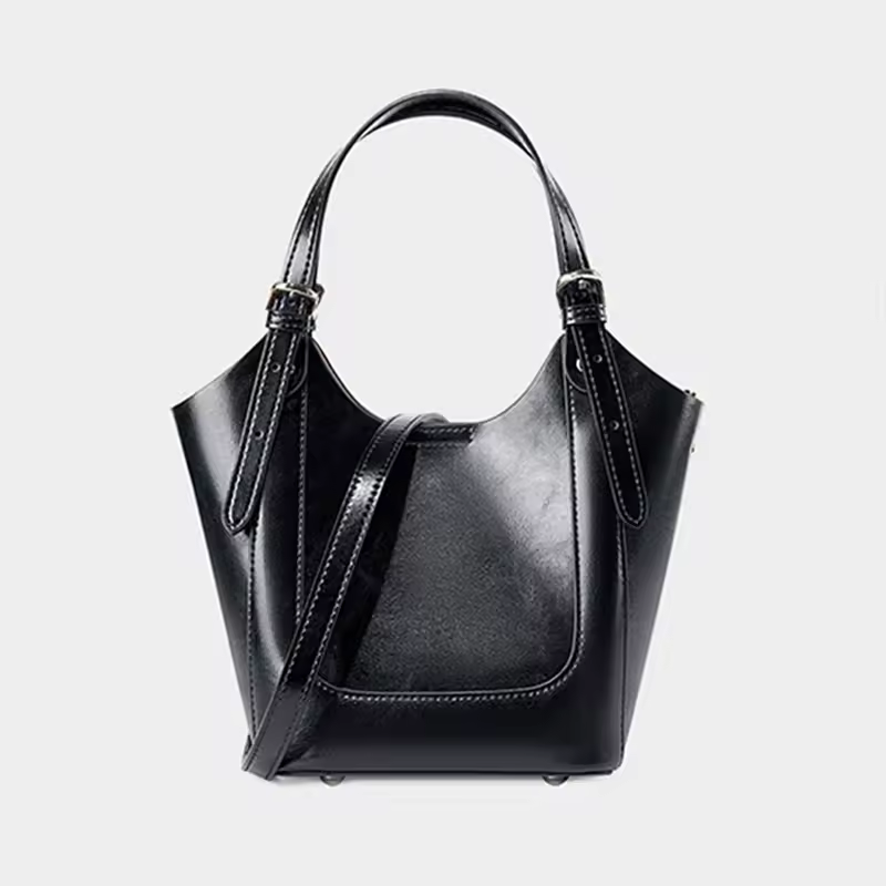 Luxury Cowhide Genuine Leather Bucket Tote Shoulder Small Handbags - Image 3