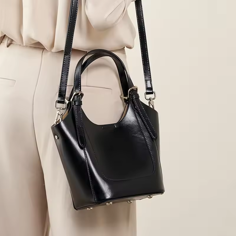 Luxury Cowhide Genuine Leather Bucket Tote Shoulder Small Handbags - Image 2