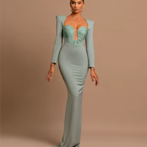 Luxury Designer Long Sleeve Square Deep Collar Soft Comfortable Party Maxi Dress