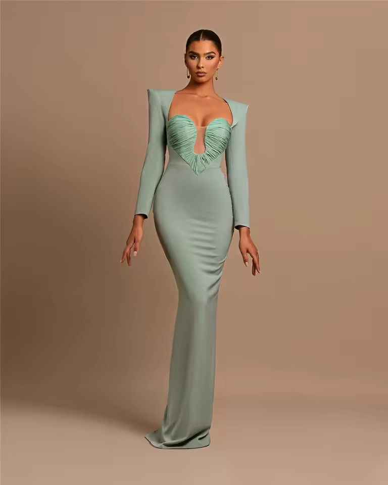 Luxury Designer Long Sleeve Square Deep Collar Soft Comfortable Party Maxi Dress