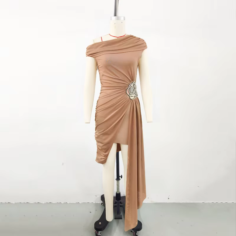 Luxury Diamond Flower One Shoulder Draped Bodycon Bandage Mini Dress - Image 7