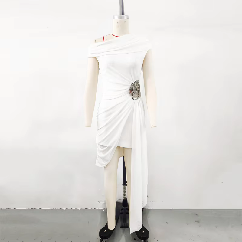 Luxury Diamond Flower One Shoulder Draped Bodycon Bandage Mini Dress - Image 5