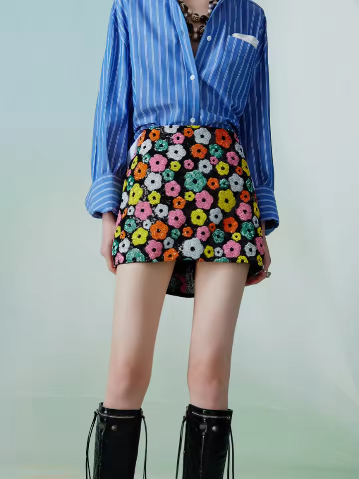 Luxury Floral Sequins Embroidery High Waist Mini Skirt