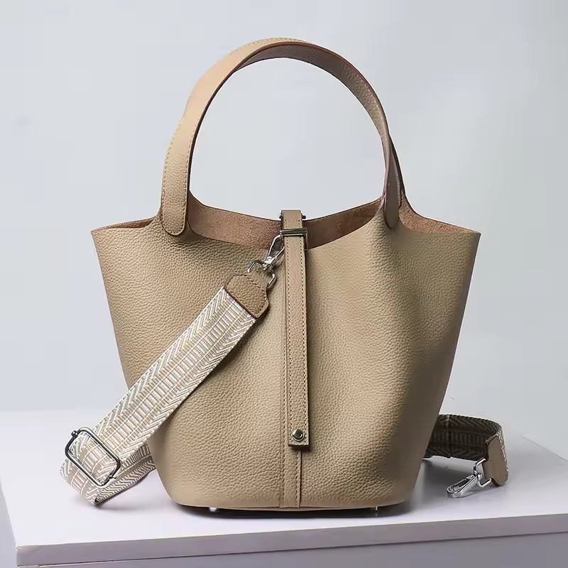 Luxury Genuine Leather No Zipper Portable Bucket Bag with Lock - Image 5
