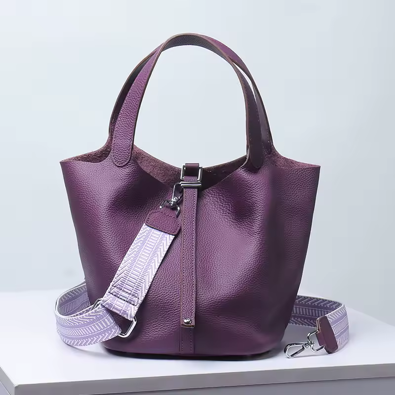 Luxury Genuine Leather No Zipper Portable Bucket Bag with Lock - Image 3