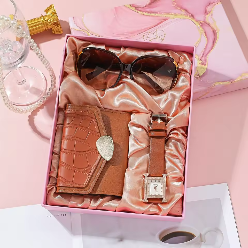 3Pcs/Set Luxury Quartz Watch for Sunglasses Wallet Wristwatch Set Gifts Box