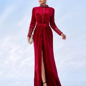 Luxury Round Neck Long Sleeved Split Velvet Birthday Party Maxi Dress
