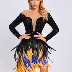 Luxury Tulle Inset Long Sleeve Beading Sequins Feathers Patchwork Bodycon Mini Dress