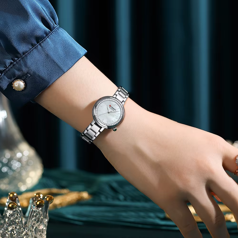 Luxury Wristwatches Stainless Steel Bracelet Rhinestones Bling Dail Elegant Watch 5pcs Jewelry Set