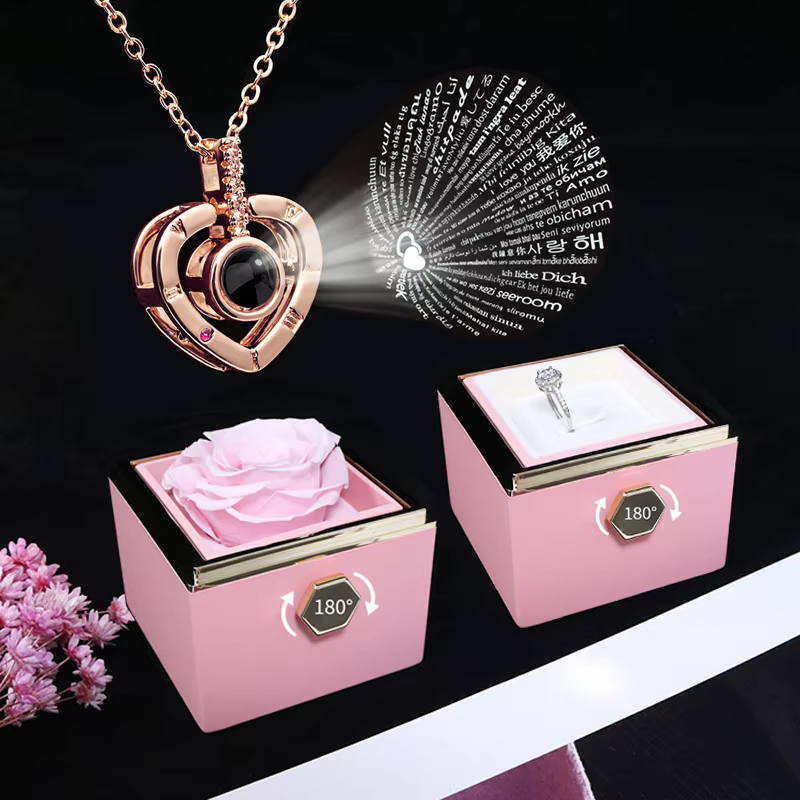 Necklace With Rotating Rose Gift Box Creativity Design Romantic Luxury Jewelry Set