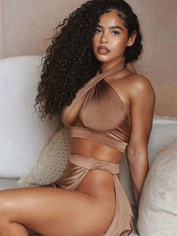 Pleated Halter Open Shoulder Club wear For Two Piece Set - Image 7