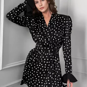 Elegant Polka Dot Wrap V-neck Bell Sleeve Vintage Mini Dress