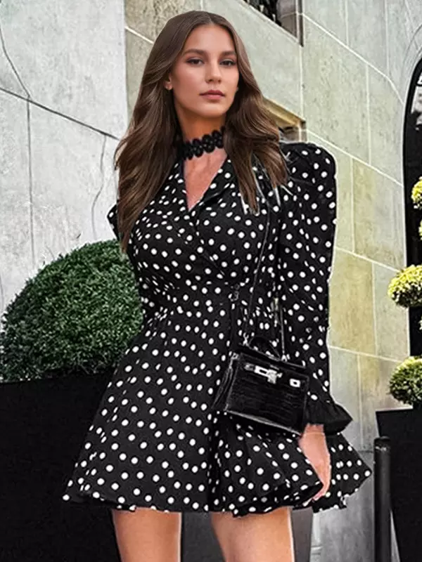 Elegant Polka Dot Wrap V-neck Bell Sleeve Vintage Mini Dress - Image 2
