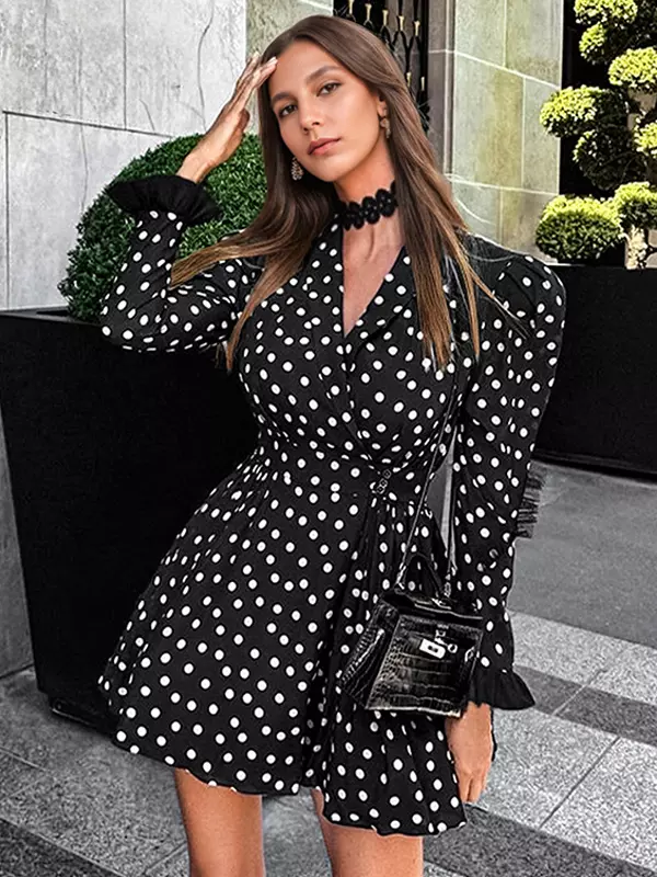 Elegant Polka Dot Wrap V-neck Bell Sleeve Vintage Mini Dress - Image 3
