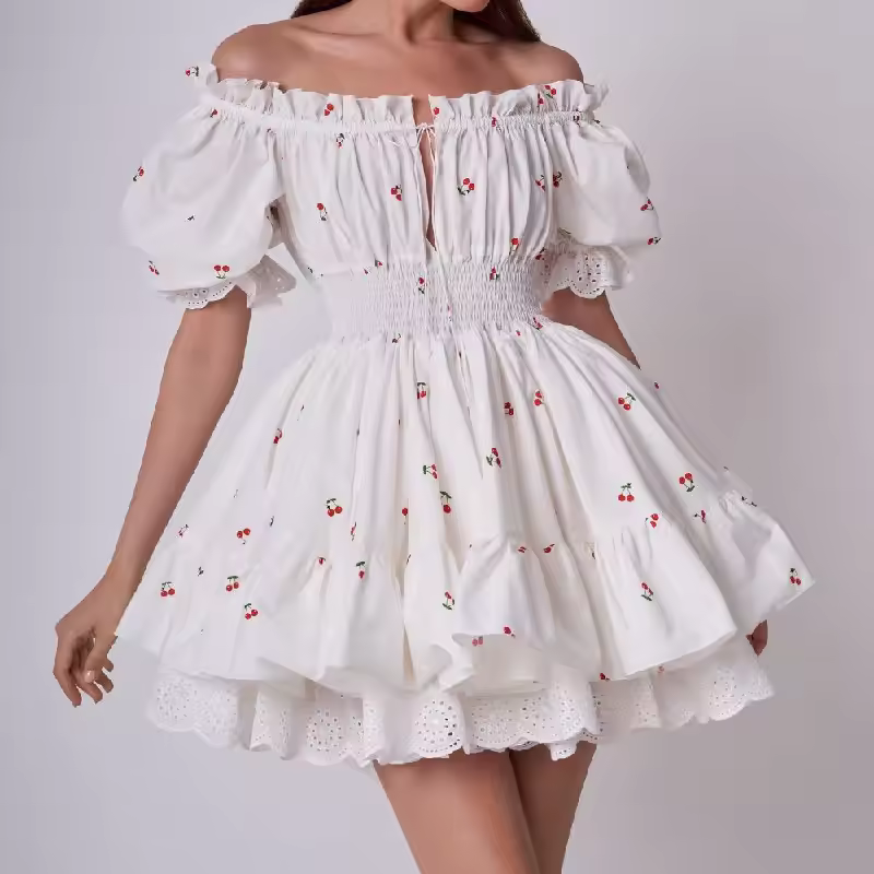 Princess Puff Sleeve Ruffle Cherry Print Spliced Lace Mini Dress