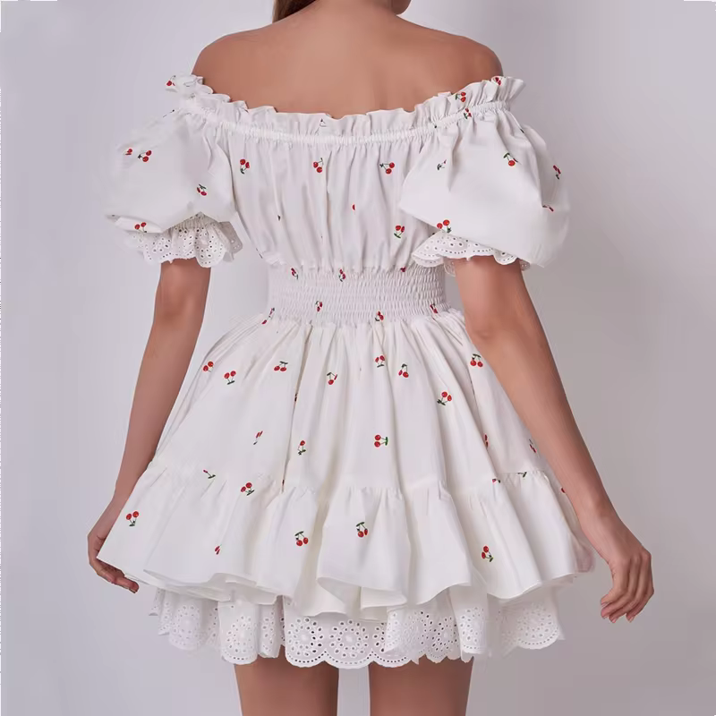Princess Puff Sleeve Ruffle Cherry Print Spliced Lace Mini Dress - Image 2