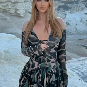 Casual Printed Halter V-Neck Off-shoulder Long Sleeves Skater And Flared Mini Dress