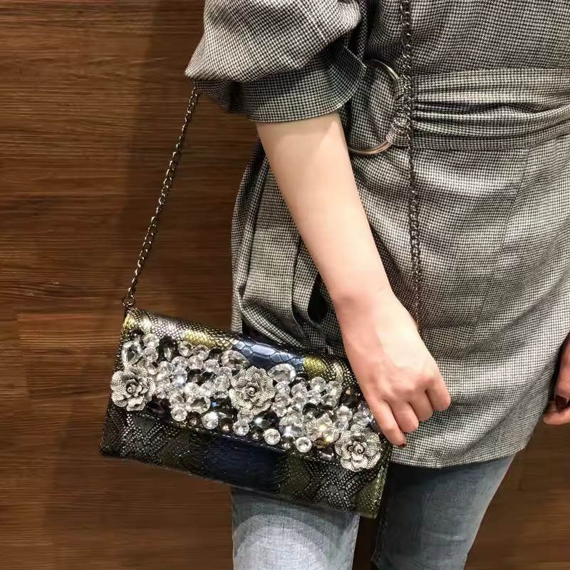 Retro Crocodile Pattern Banquet Envelope Floral Diamond Crossbody Clutch Bag
