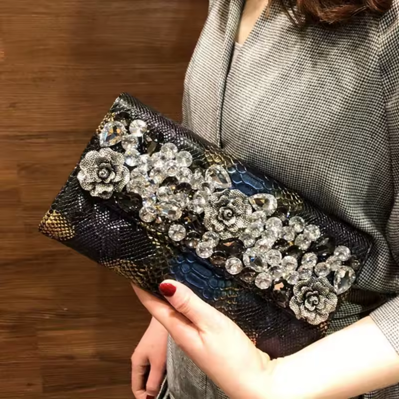 Retro Crocodile Pattern Banquet Envelope Floral Diamond Crossbody Clutch Bag - Image 3