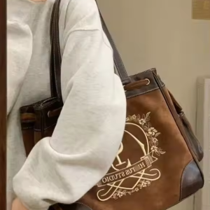 Retro Flower Letter Print Crown Embroidered Large Capacity Tote Vintage Handbag