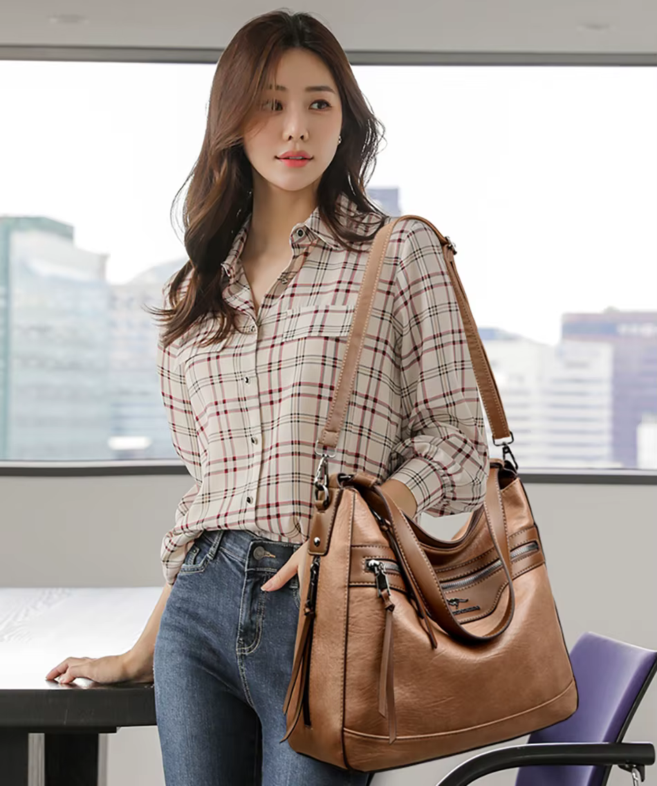 Retro Solid Color High Quality Soft Leather Shoulder Trendy Bucket Bag - Image 3