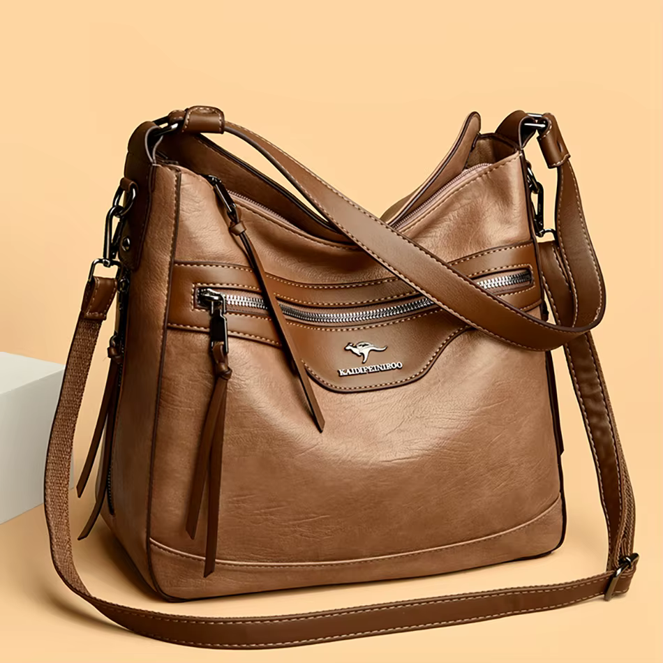 Retro Solid Color High Quality Soft Leather Shoulder Trendy Bucket Bag - Image 6
