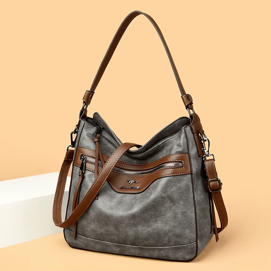 Retro Solid Color High Quality Soft Leather Shoulder Trendy Bucket Bag - Image 11