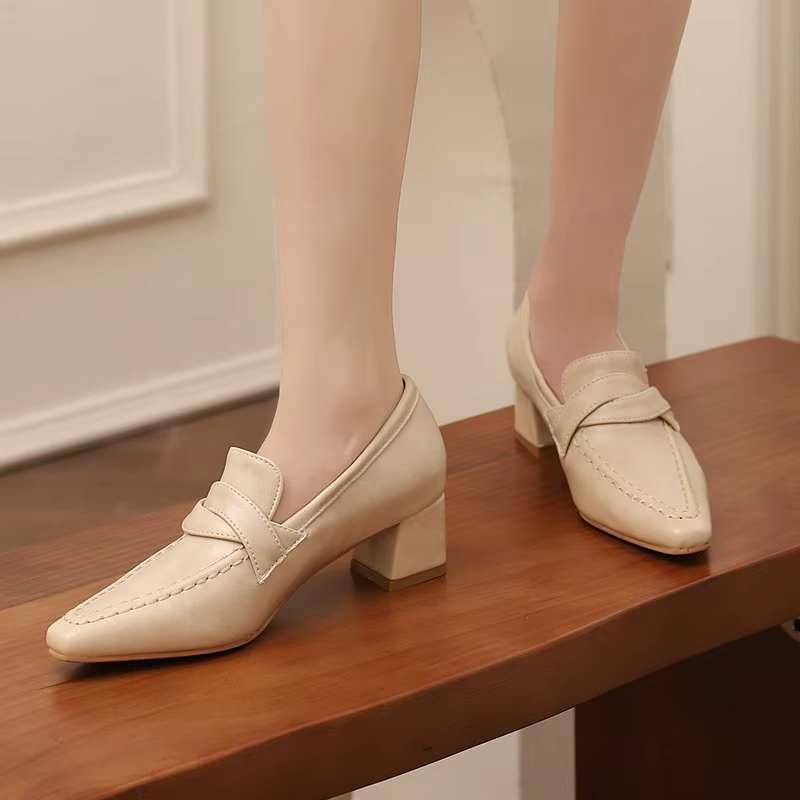 Retro Square Toe Chunky Slip On Vintage Daily Office Lady Shoes