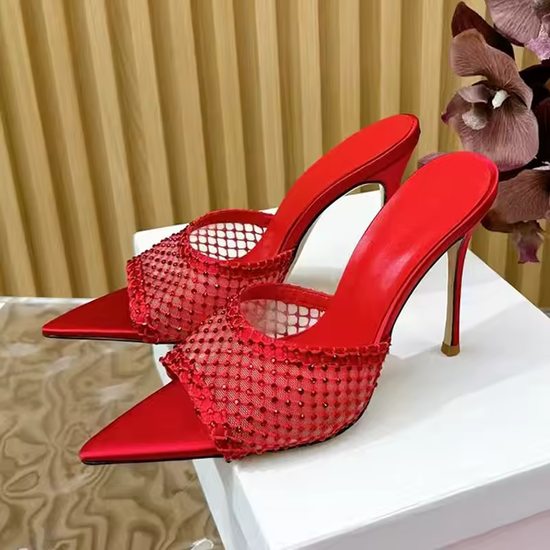 Rhinestone Mesh Hollow Outs Slides Pointed Peep Toe Stiletto Sandals