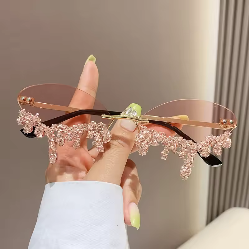 Rhinestone Tear Shape Punk Party Diamond Rimless Sun Glasses - Image 3