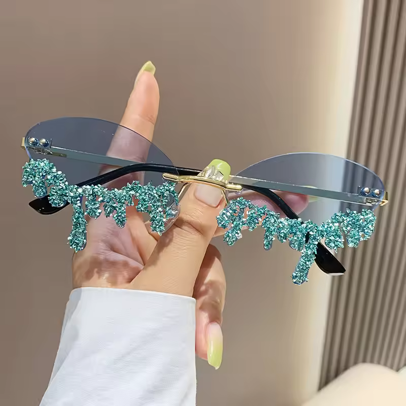 Rhinestone Tear Shape Punk Party Diamond Rimless Sun Glasses - Image 7