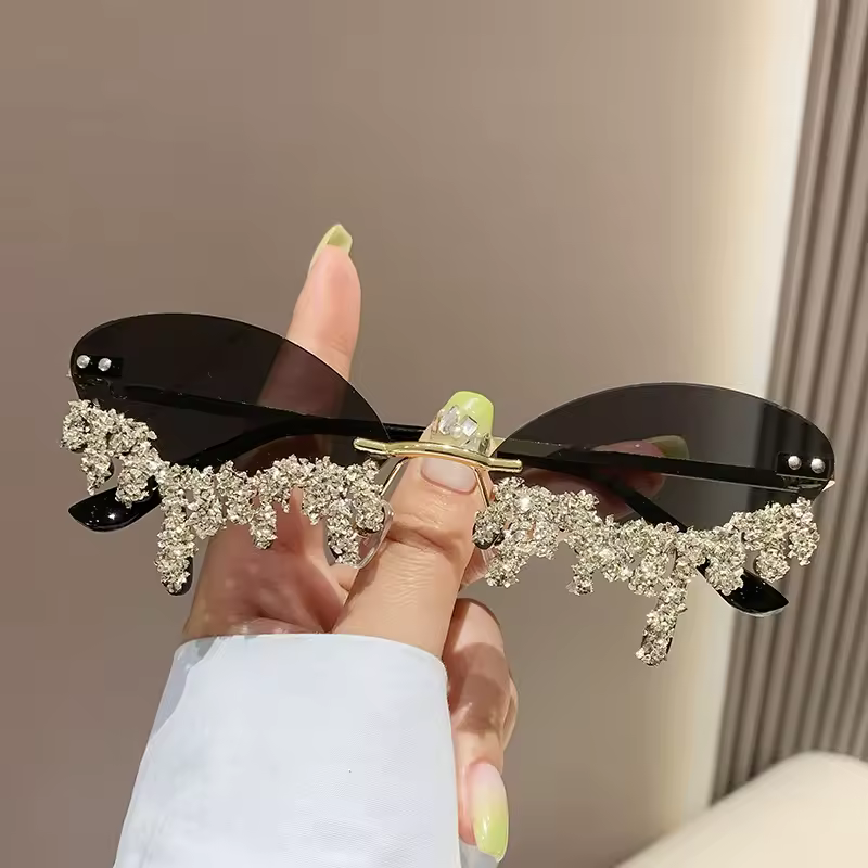 Rhinestone Tear Shape Punk Party Diamond Rimless Sun Glasses - Image 8