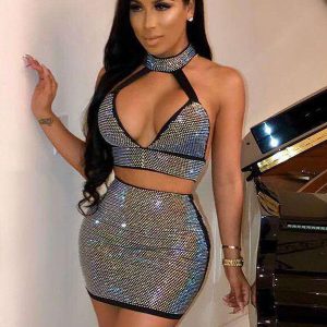 Round Collar Cut Out Sleeveless Open Shoulder Bodycon Mini Two Piece Set