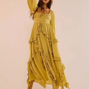 Ruffle Slit Three-quarter Sleeves Vacation Long Maxi Boho Dress