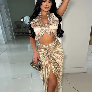 Ruffles Formal Pleated Two 2 Pieces Night Club Birthday Crop Top and High Slit Skirt Set