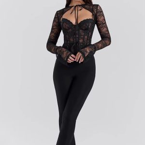 See Through Lace Pattern  Long Sleeve Print Floral Two Piece Tops