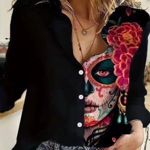 Chic Single-Breasted Shirt with Cactus and Succulent Prints