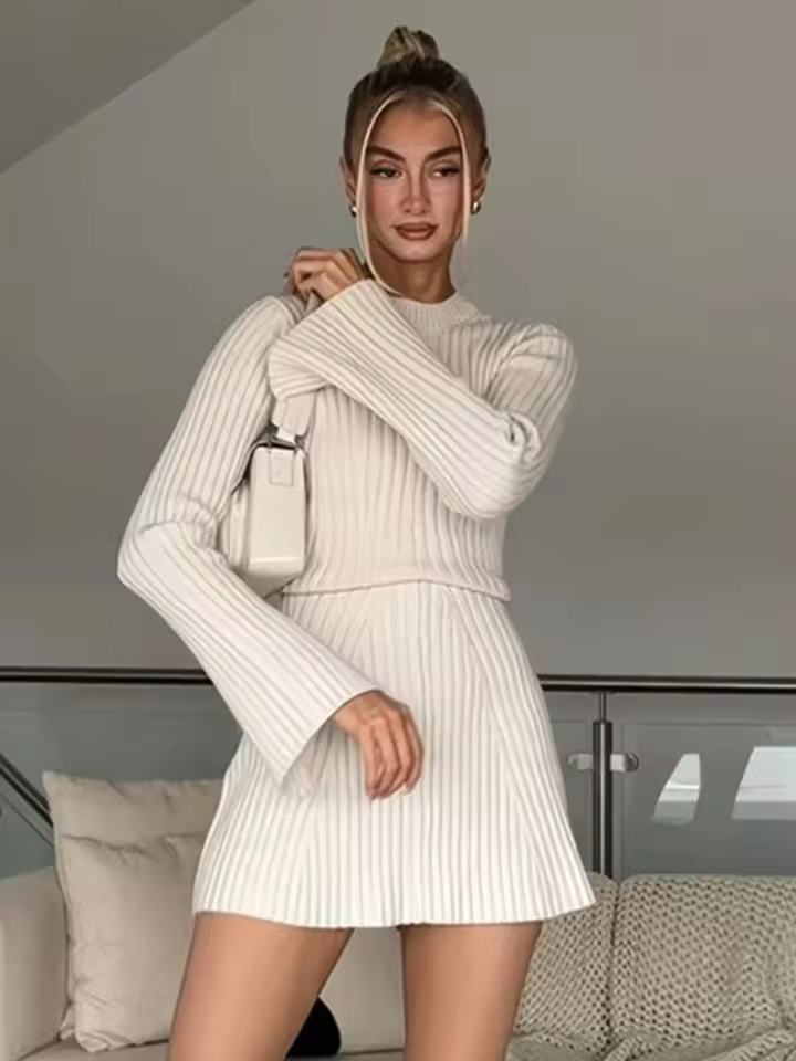 Casual O-neck Flare Sleeve Ribbed Pattern Knitted A-line Dress