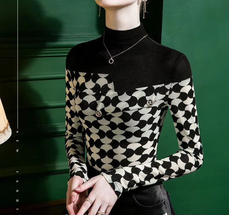 Printed Fashion Casual Half High Collar Spliced Korean Slim Long Sleeve Printed T-shirt - Image 4