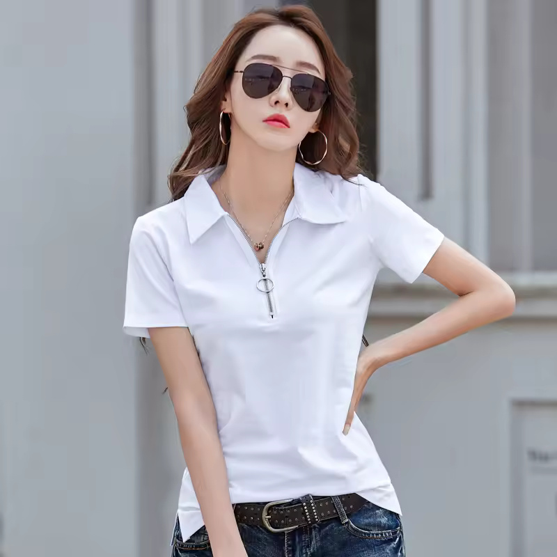 Elegant Style Zipper Neck Short Sleeve Polo Cotton T Shirt
