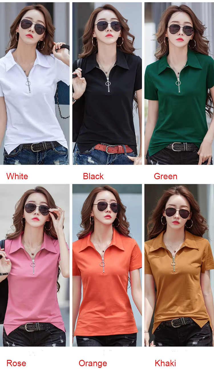 Elegant Style Zipper Neck Short Sleeve Polo Cotton T Shirt - Image 3