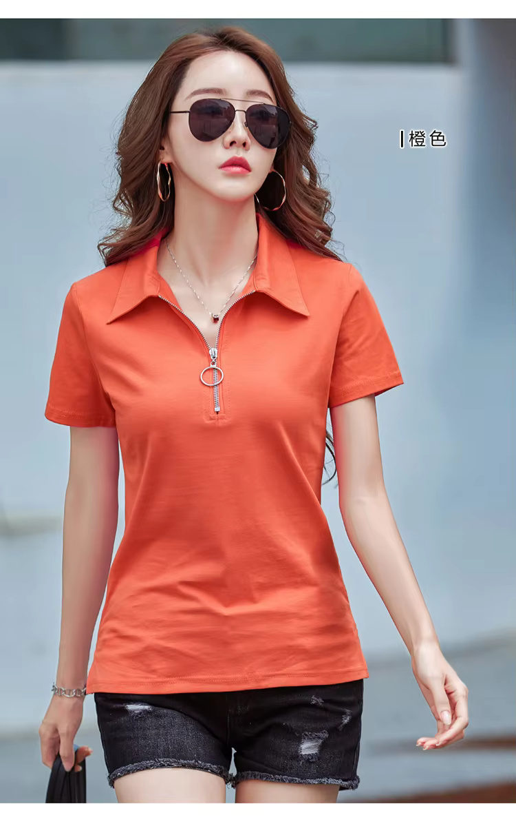 Elegant Style Zipper Neck Short Sleeve Polo Cotton T Shirt - Image 2