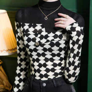 Printed Fashion Casual Half High Collar Spliced  Korean Slim Long Sleeve Printed T-shirt