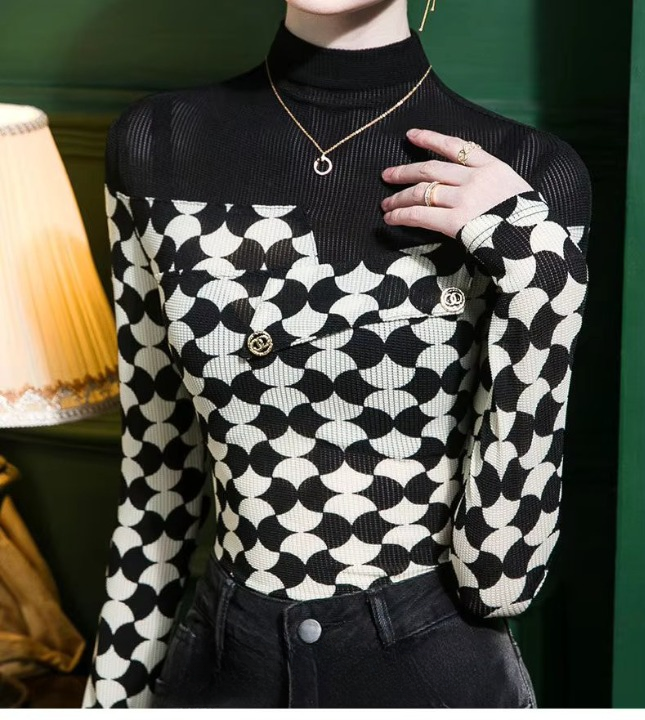 Printed Fashion Casual Half High Collar Spliced Korean Slim Long Sleeve Printed T-shirt